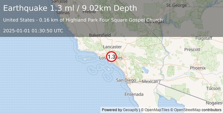 Earthquake 0 km NE of Highland Park, CA (1.3 ml) (2025-01-01 01:30:50 UTC)