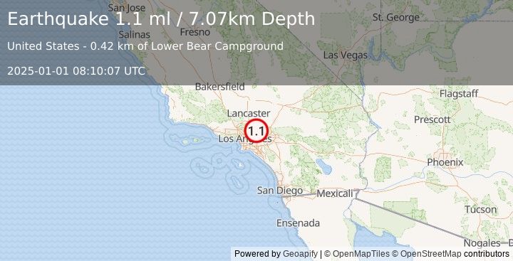 Earthquake 13 km N of Glendora, CA (1.1 ml) (2025-01-01 08:10:07 UTC)