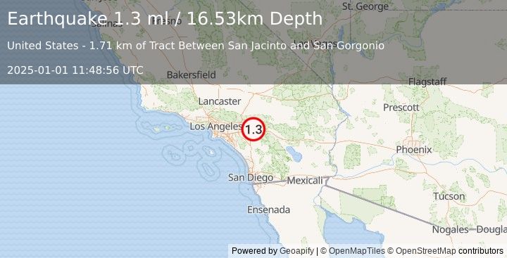 Earthquake 3 km WSW of Calimesa, CA (1.3 ml) (2025-01-01 11:48:56 UTC)