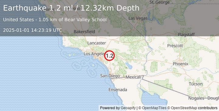 Earthquake 3 km NE of Moreno Valley, CA (1.2 ml) (2025-01-01 14:23:19 UTC)