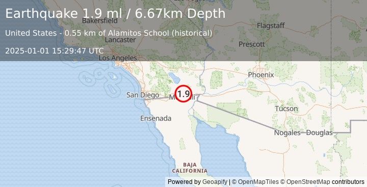 Earthquake 6 km SSW of Holtville, CA (1.9 ml) (2025-01-01 15:29:47 UTC)