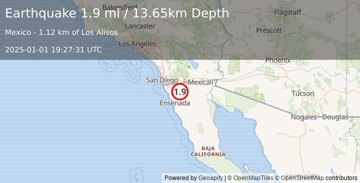 Earthquake 37 km SSE of Campo, CA (1.9 ml) (2025-01-01 19:27:31 UTC)