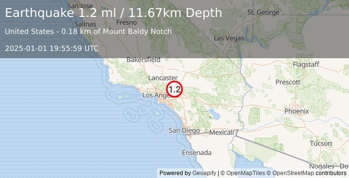 Earthquake 10 km SSE of Wrightwood, CA (1.2 ml) (2025-01-01 19:55:59 UTC)