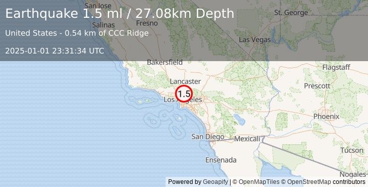 Earthquake 5 km NE of La Crescenta-Montrose, CA (1.5 ml) (2025-01-01 23:31:34 UTC)