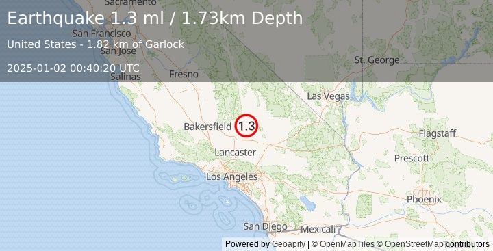 Earthquake 13 km WNW of Johannesburg, CA (1.3 ml) (2025-01-02 00:40:20 UTC)