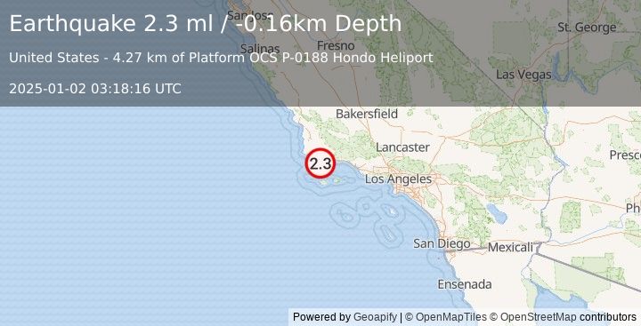 Earthquake 25 km S of Solvang, CA (2.3 ml) (2025-01-02 03:18:16 UTC)