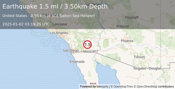 Earthquake 14 km WNW of Calipatria, CA (1.5 ml) (2025-01-02 03:19:25 UTC)