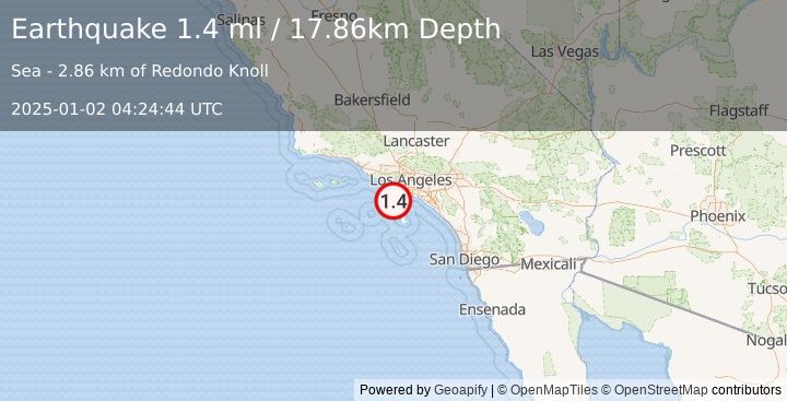 Earthquake 19 km WSW of Rancho Palos Verdes, CA (1.4 ml) (2025-01-02 04:24:44 UTC)