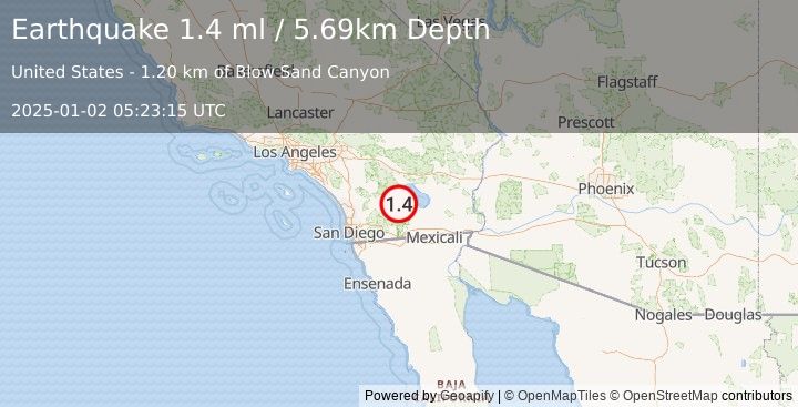 Earthquake 7 km NW of Ocotillo Wells, CA (1.4 ml) (2025-01-02 05:23:15 UTC)