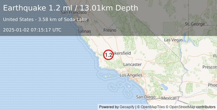 Earthquake 15 km SE of Simmler, CA (1.2 ml) (2025-01-02 07:15:17 UTC)