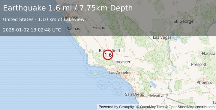 Earthquake 25 km NW of Grapevine, CA (1.6 ml) (2025-01-02 13:02:48 UTC)