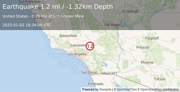 Earthquake 17 km NNE of Apple Valley, CA (1.2 ml) (2025-01-02 18:34:09 UTC)