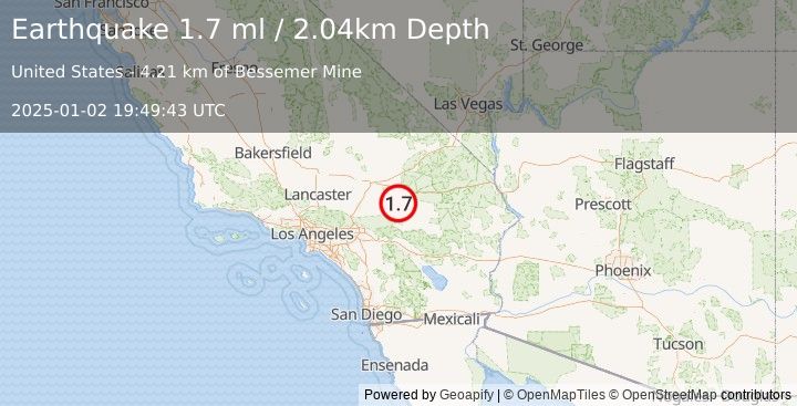 Earthquake 39 km WSW of Ludlow, CA (1.7 ml) (2025-01-02 19:49:43 UTC)