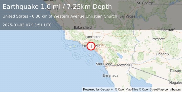 Earthquake 4 km SW of MacArthur Park, CA (1.0 ml) (2025-01-03 07:13:51 UTC)