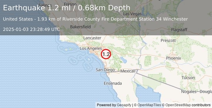 Earthquake 3 km WSW of Winchester, CA (1.2 ml) (2025-01-03 23:28:49 UTC)