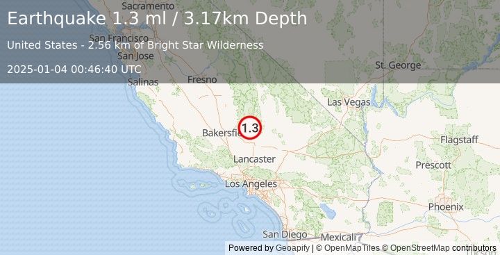 Earthquake 22 km ESE of Bodfish, CA (1.3 ml) (2025-01-04 00:46:40 UTC)