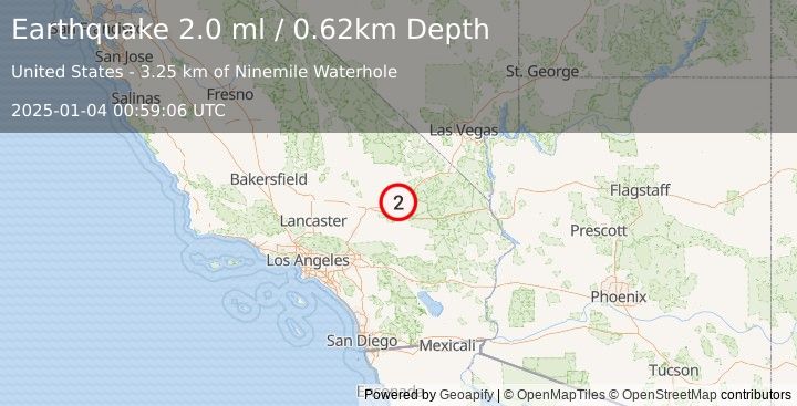 Earthquake 38 km SE of Fort Irwin, CA (2.0 ml) (2025-01-04 00:59:06 UTC)