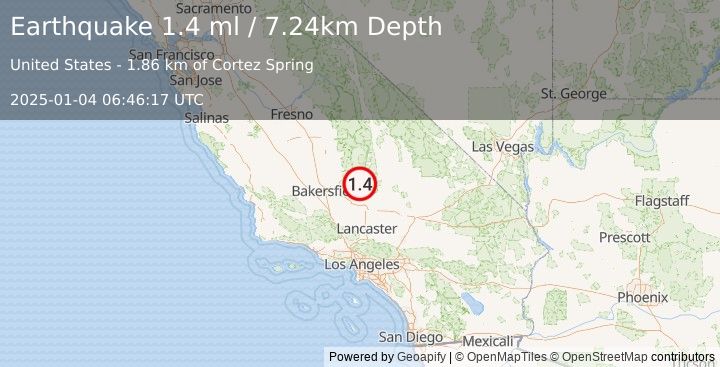 Earthquake 21 km ESE of Bodfish, CA (1.4 ml) (2025-01-04 06:46:17 UTC)