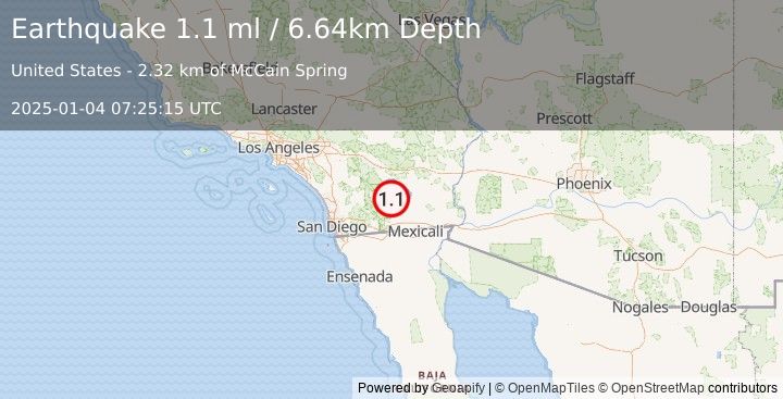 Earthquake 14 km S of Salton City, CA (1.1 ml) (2025-01-04 07:25:15 UTC)