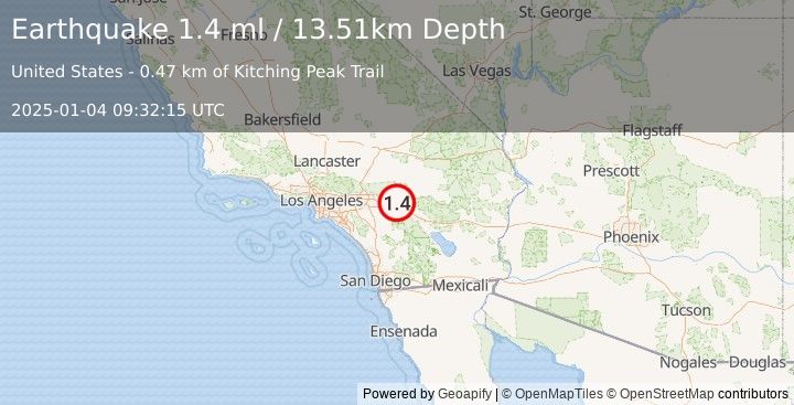 Earthquake 11 km NNE of Cabazon, CA (1.4 ml) (2025-01-04 09:32:15 UTC)