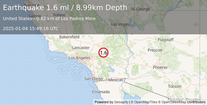 Earthquake 29 km NNW of Joshua Tree, CA (1.6 ml) (2025-01-04 15:49:16 UTC)