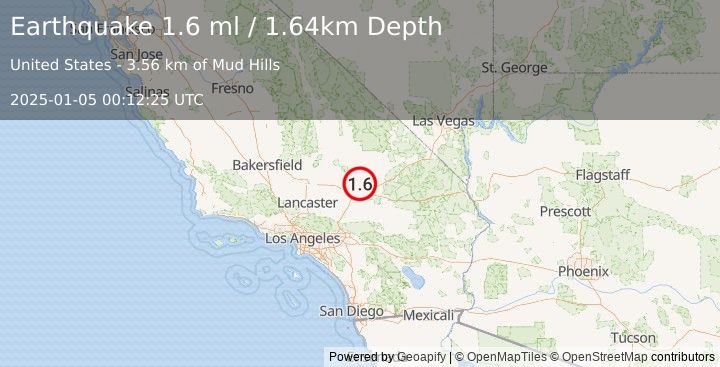 Earthquake 16 km NNE of Barstow, CA (1.6 ml) (2025-01-05 00:12:24 UTC)