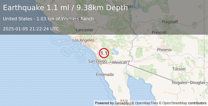 Earthquake 6 km SSW of Warner Springs, CA (1.1 ml) (2025-01-05 21:22:24 UTC)