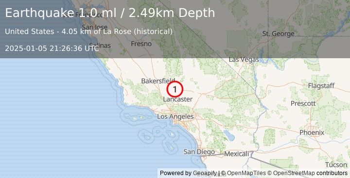 Earthquake 8 km WNW of Mojave, CA (1.0 ml) (2025-01-05 21:26:36 UTC)