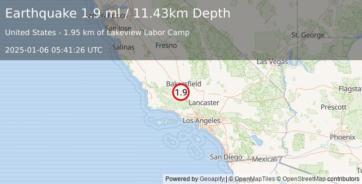 Earthquake 24 km NW of Grapevine, CA (1.9 ml) (2025-01-06 05:41:26 UTC)