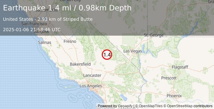 Earthquake 37 km NE of Trona, CA (1.4 ml) (2025-01-06 21:58:46 UTC)