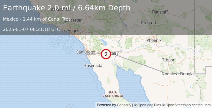 Earthquake 7 km W of Progreso, B.C., MX (2.0 ml) (2025-01-07 06:21:18 UTC)