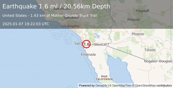 Earthquake 11 km ESE of Jamul, CA (1.6 ml) (2025-01-07 19:22:03 UTC)