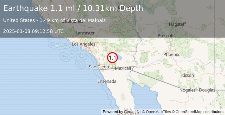 Earthquake 15 km NNW of Ocotillo Wells, CA (1.1 ml) (2025-01-08 09:12:58 UTC)