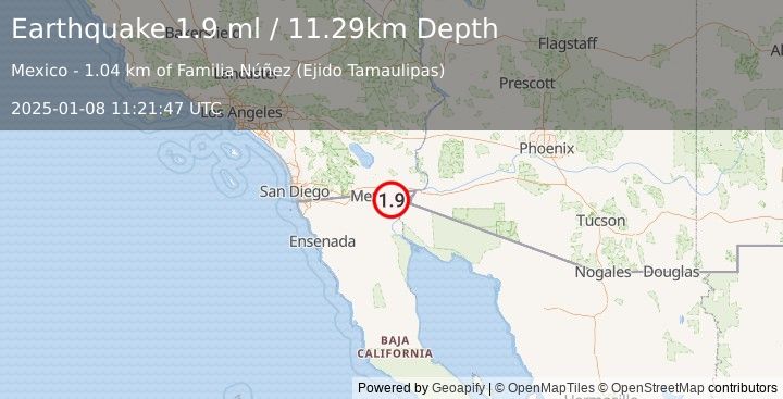 Earthquake 14 km E of Puebla, B.C., MX (1.9 ml) (2025-01-08 11:21:47 UTC)