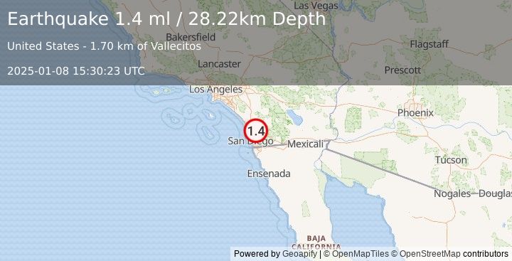 Earthquake 4 km ENE of Poway, CA (1.4 ml) (2025-01-08 15:30:23 UTC)