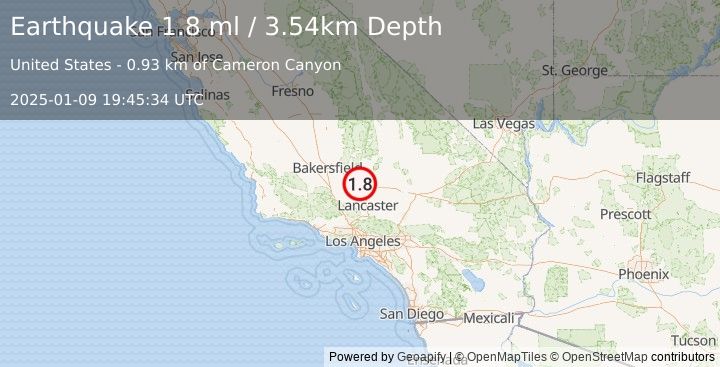 Earthquake 12 km WNW of Mojave, CA (1.8 ml) (2025-01-09 19:45:34 UTC)