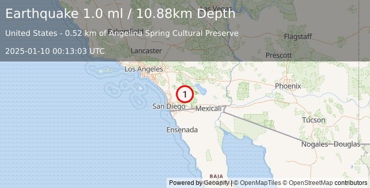 Earthquake 14 km NE of Julian, CA (1.0 ml) (2025-01-10 00:13:04 UTC)