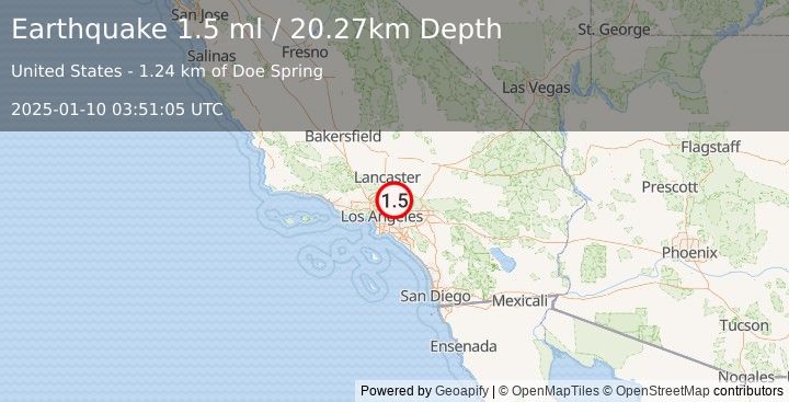 Earthquake 17 km NNE of Sierra Madre, CA (1.5 ml) (2025-01-10 03:51:05 UTC)