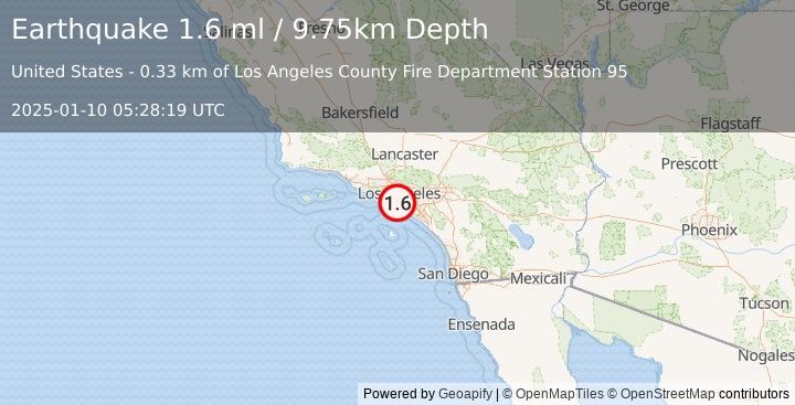 Earthquake 3 km SW of Willowbrook, CA (1.6 ml) (2025-01-10 05:28:19 UTC)