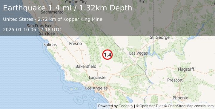 Earthquake 34 km N of Searles Valley, CA (1.4 ml) (2025-01-10 06:17:18 UTC)