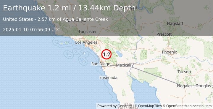 Earthquake 6 km NNE of Lake Henshaw, CA (1.2 ml) (2025-01-10 07:56:09 UTC)