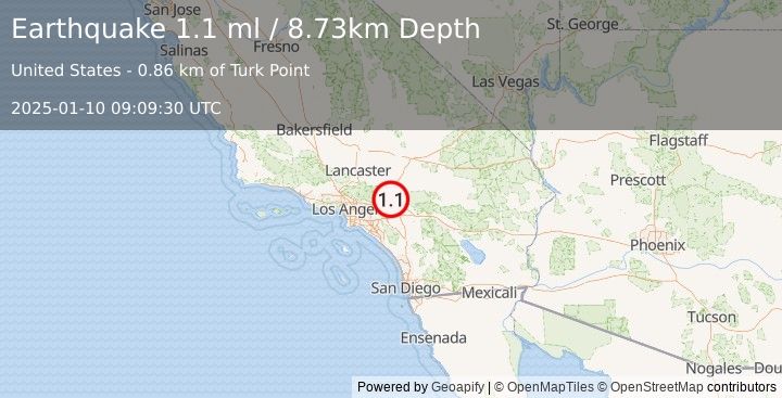 Earthquake 6 km W of Devore, CA (1.1 ml) (2025-01-10 09:09:30 UTC)