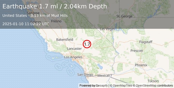 Earthquake 16 km NNE of Barstow, CA (1.7 ml) (2025-01-10 11:02:22 UTC)