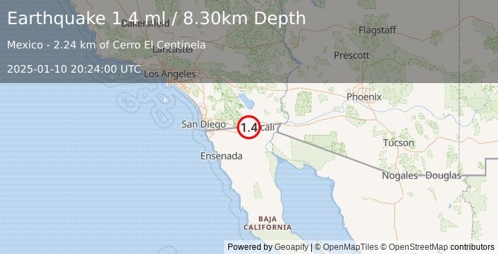 Earthquake 15 km WNW of Progreso, B.C., MX (1.4 ml) (2025-01-10 20:24:00 UTC)