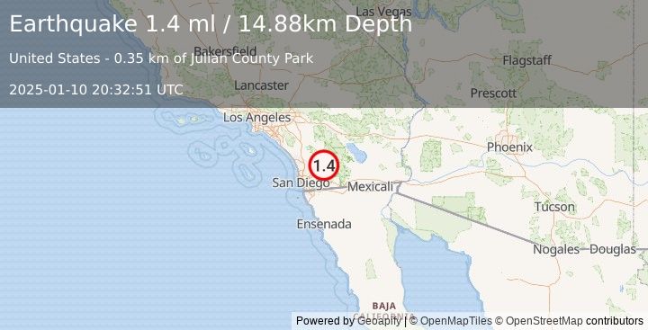 Earthquake 1 km SSW of Julian, CA (1.4 ml) (2025-01-10 20:32:51 UTC)