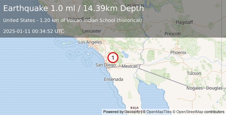 Earthquake 8 km NNW of Julian, CA (1.0 ml) (2025-01-11 00:34:52 UTC)