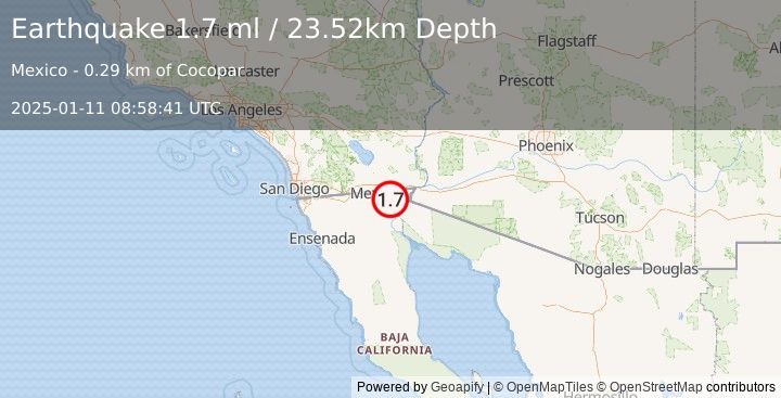 Earthquake 12 km ESE of Puebla, B.C., MX (1.6 ml) (2025-01-11 08:58:40 UTC)