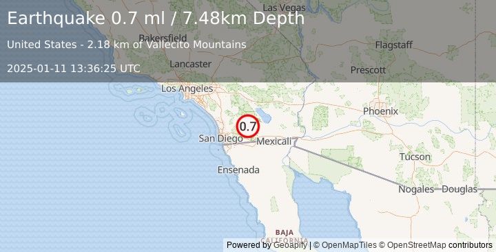 Earthquake 19 km SW of Ocotillo Wells, CA (0.7 ml) (2025-01-11 13:36:25 UTC)