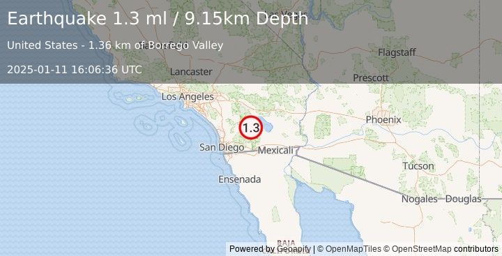 Earthquake 13 km ESE of Borrego Springs, CA (1.3 ml) (2025-01-11 16:06:36 UTC)