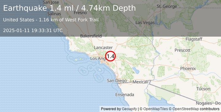 Earthquake 8 km NNW of Rancho Cucamonga, CA (1.4 ml) (2025-01-11 19:33:31 UTC)